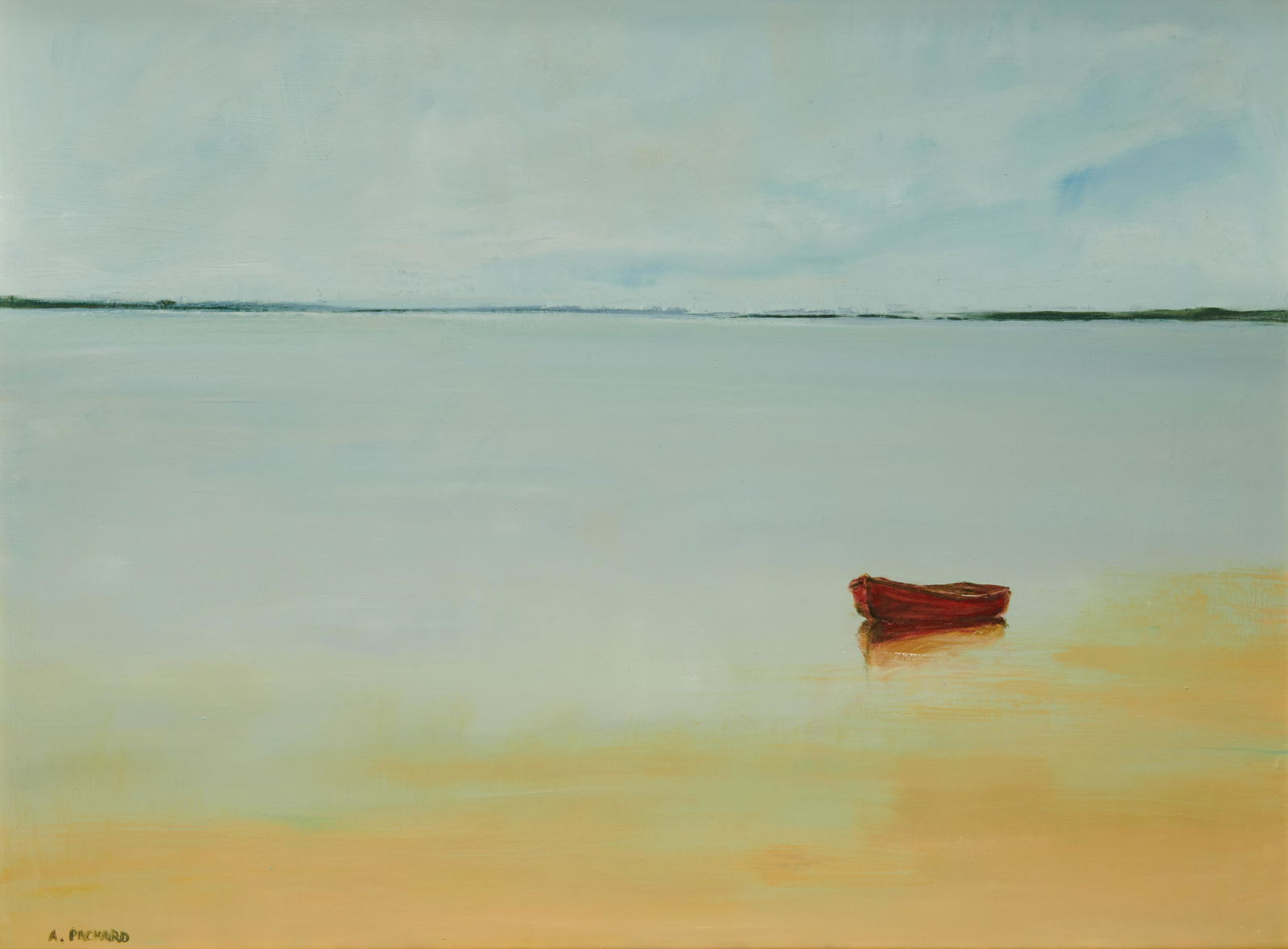 ANNE PACKARD, (American, b. 1933), Red Dory: ANNE PACKARD(American, b. 1933)Red Doryoil on masonitesigned A. Packard lower left36 x 48 in., frame: 41 1/2 x 53 1/2 in. Provenance: The Collection of a New York Lady.