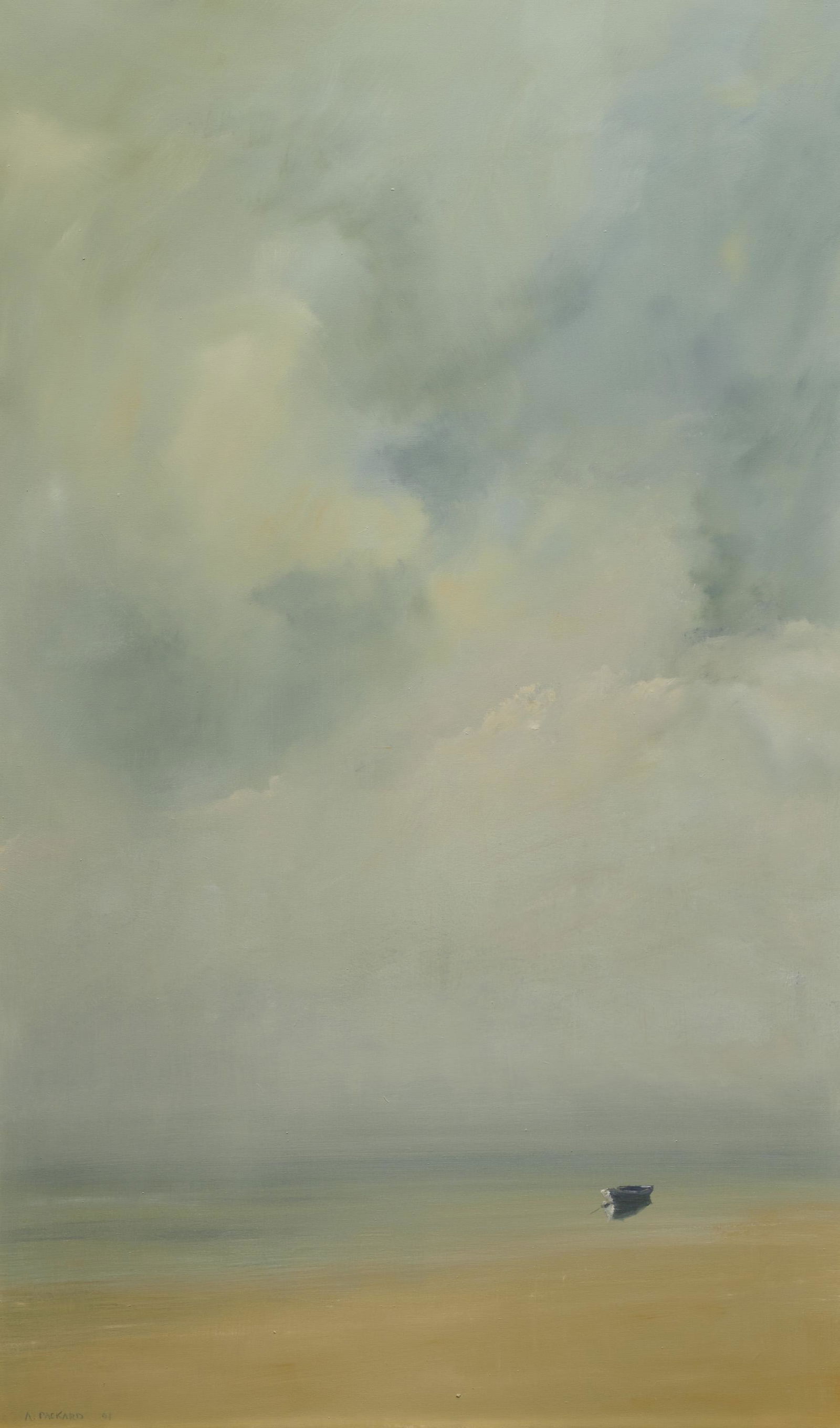 ANNE PACKARD, (American, b. 1933), Lone Boat, 2001: ANNE PACKARD(American, b. 1933)Lone Boat2001, oil on canvassigned and dated A. Packard 01 lower left60 x 36 in., frame: 65 1/2 x 41 1/2 in. Provenance: The Collection of a New Engl