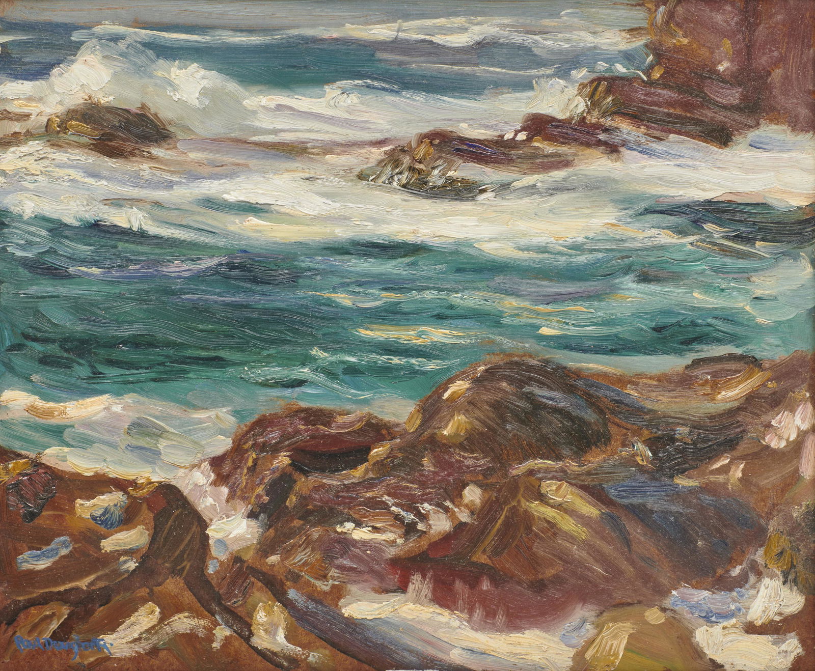 PAUL DOUGHERTY, (American, 1883-1969), Rocky Coastline: PAUL DOUGHERTY(American, 1883-1969)Rocky Coastlineoil on Masonitesigned Paul Dougherty lower left15 x 18 in., frame: 20 x 23 in.