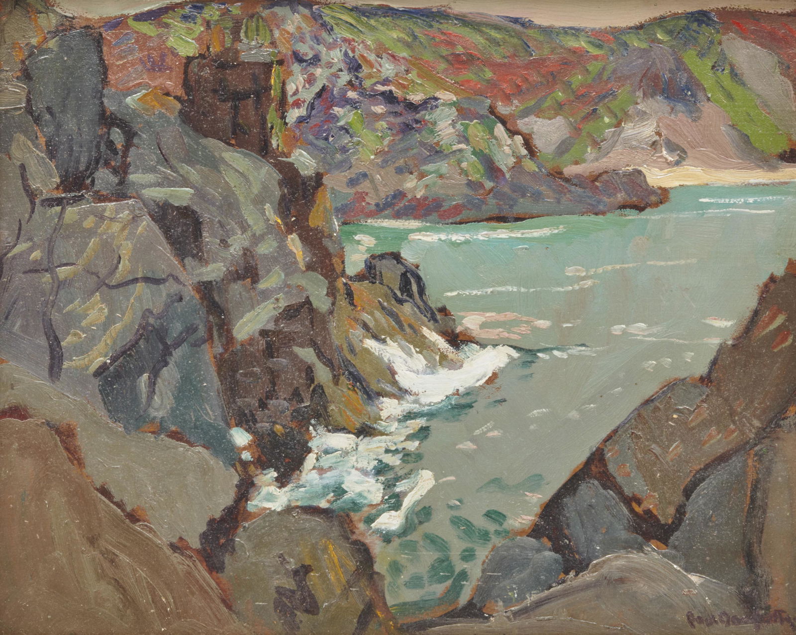 PAUL DOUGHERTY, (American, 1877-1947), Coastal Scene: PAUL DOUGHERTY(American, 1877-1947)Coastal Sceneoil on panelsigned Paul Dougherty lower right12 3/4 x 15 3/4 in., frame: 17 1/2 x 20 1/4 in.