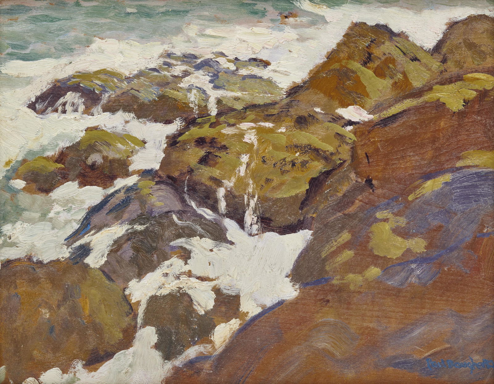 PAUL DOUGHERTY, (American, 1877-1947), Crashing Waves: PAUL DOUGHERTY(American, 1877-1947)Crashing Wavesoil on boarddouble sided; signed Paul Dougherty lower right12 x 15 in., frame: 18 1/2 x 21 1/2 in.