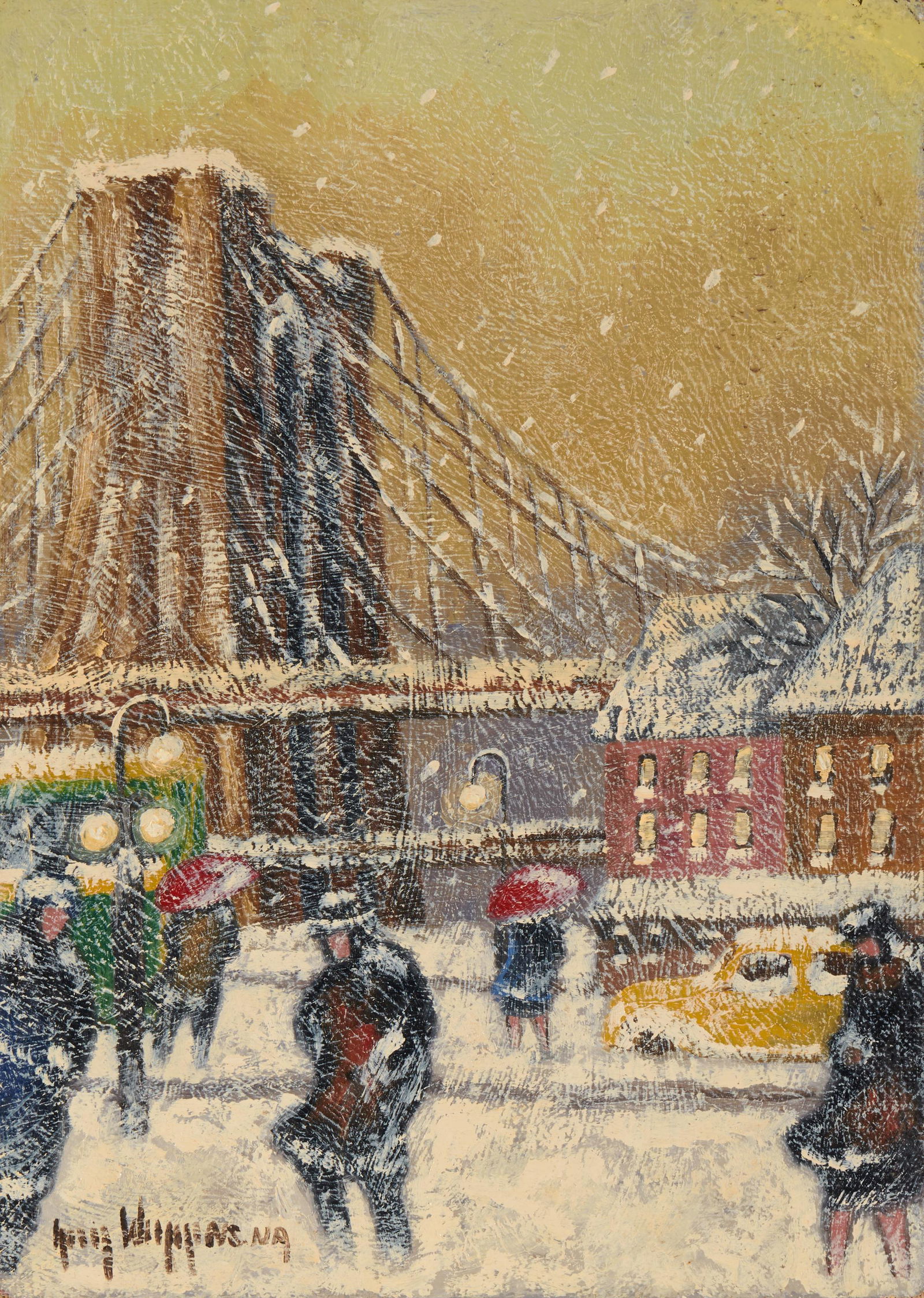 GUY CARLETON WIGGINS, (American, 1883-1962), Snow on: GUY CARLETON WIGGINS(American, 1883-1962)Snow on Brooklyn Bridgeoil on boardsigned Guy Wiggins NA lower left; titled Snow on Brooklyn Bridge verso9 3/4 x 7 in., frame: 17 1/2 x 14 1/2 i