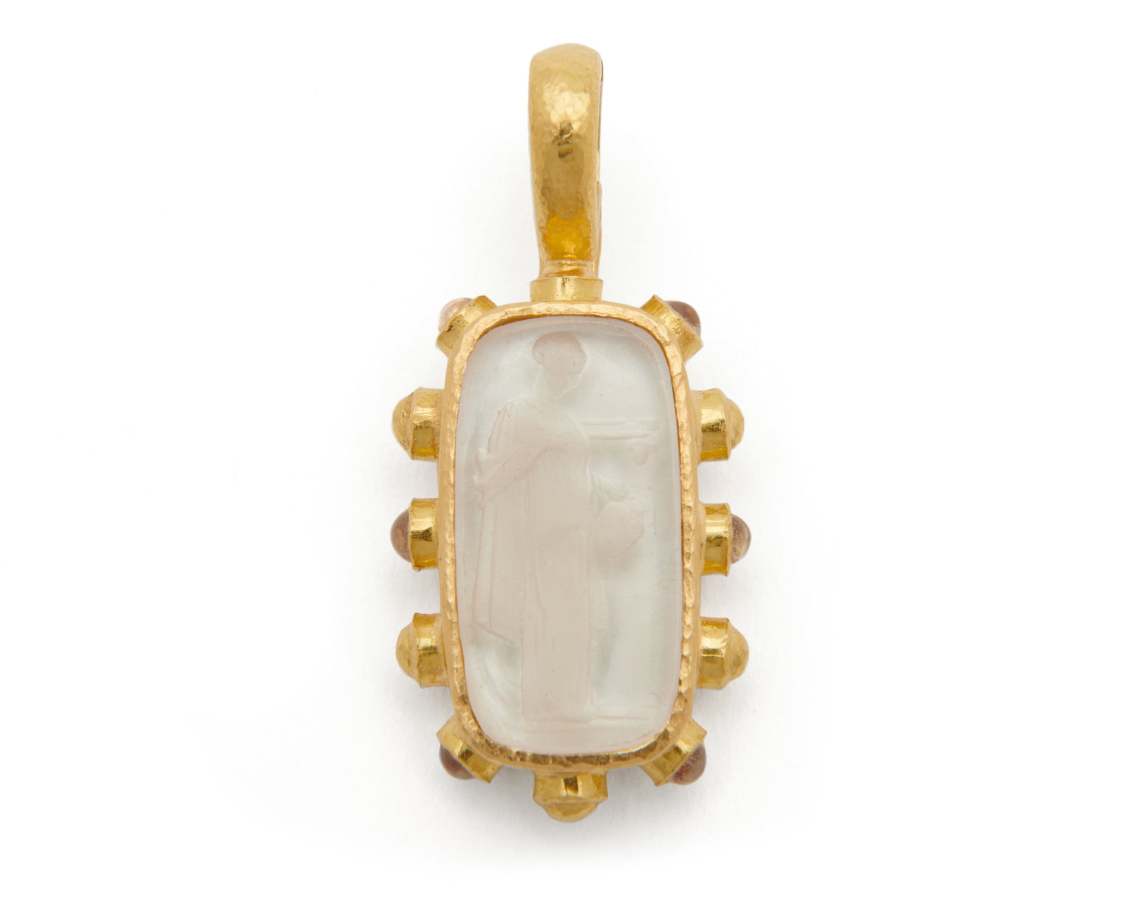 ELIZABETH LOCKE 18K Gold, Glass Intaglio,: ELIZABETH LOCKE 18K Gold, Glass Intaglio, Mother-of-Pearl, and Moonstone Pendant centering a mother-of-pearl-backed carved colorless glass intaglio depicting an image a standing figure; surmounted in 