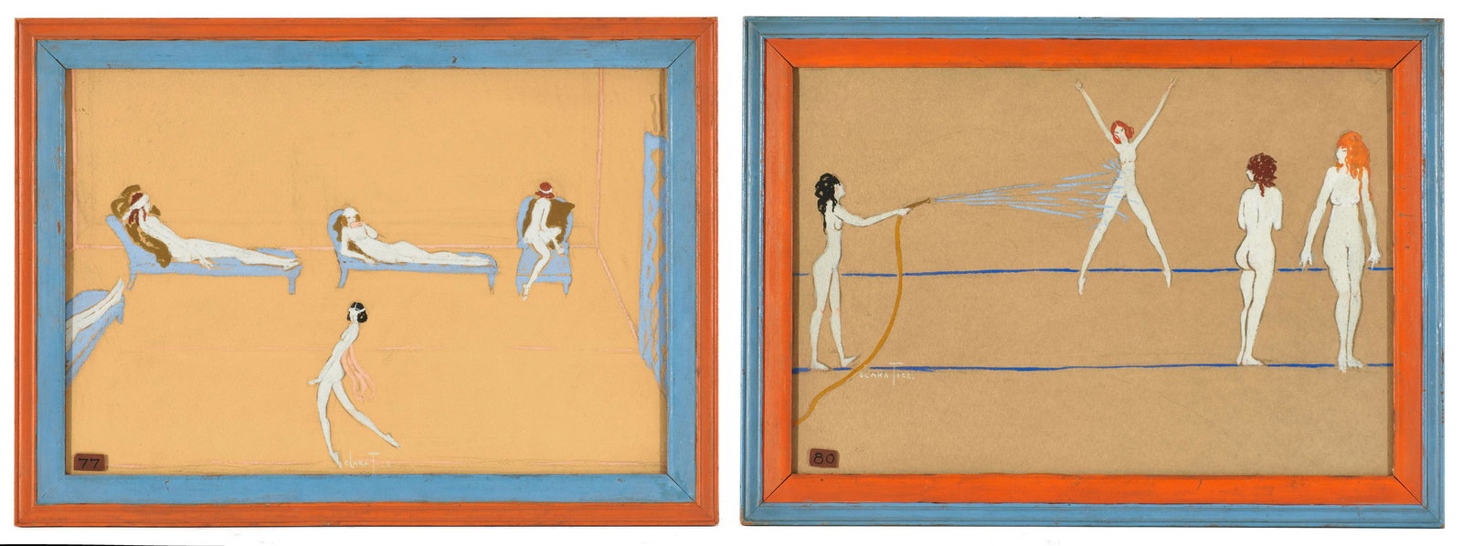 CLARA TICE, American 1888-1973, Reclining Women and: CLARA TICE (American, 1888-1973)Reclining Women and Bathing Women (Two Works)gouache on papereach signed Clara Tice along lower edgeeach 11 x 16 in., each housed in complementary painted frame
