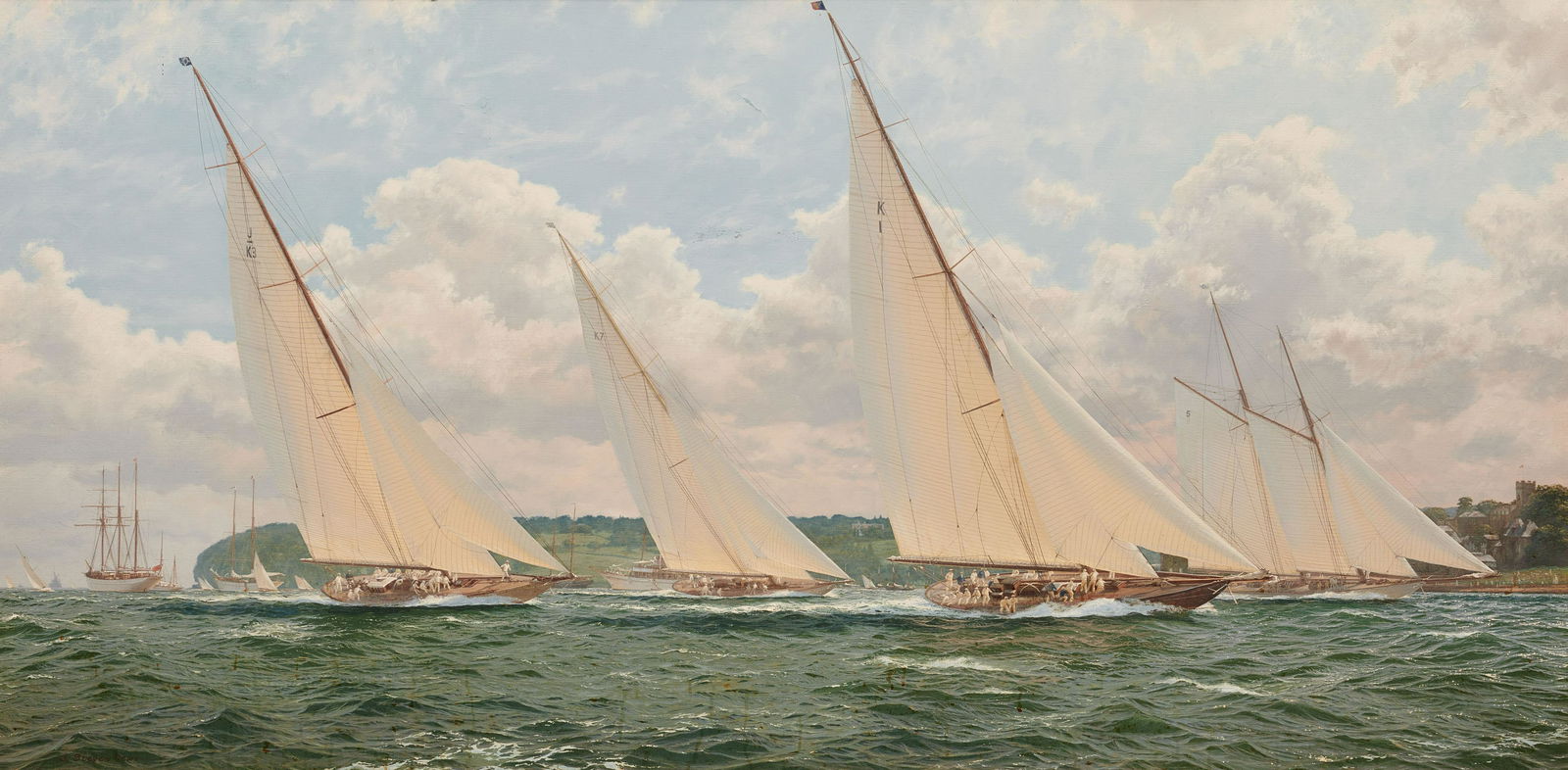 JOHN STEVEN DEWS, English b. 1949, Racing Off The Isle: JOHN STEVEN DEWS (English, b. 1949)Racing Off The Isle of Wightoil on canvassigned J. Steven Dews lower left30 x 60 in., frame: 41 1/2 x 71 1/2 in. Provenance: Sotheby's London (mid 1990
