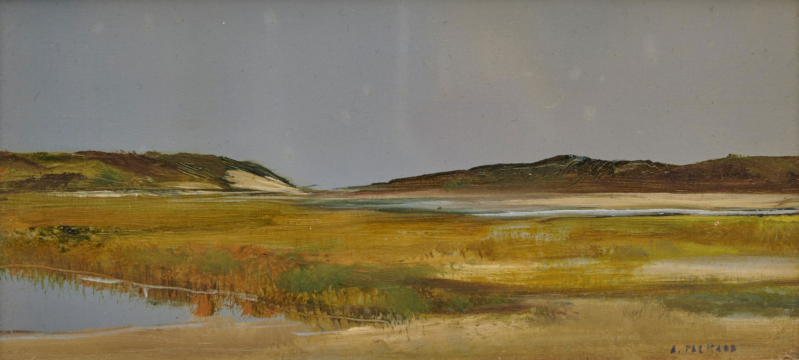 ANNE PACKARD, American b. 1933, Untitled (Marsh View): ANNE PACKARD (American, b. 1933)Untitled (Marsh View)oil on boardsigned A. Packard lower right4 x 8 in., frame: 6 1/4 x 10 1/4 in. Provenance: Purchased from the artist by a Boston Gentl