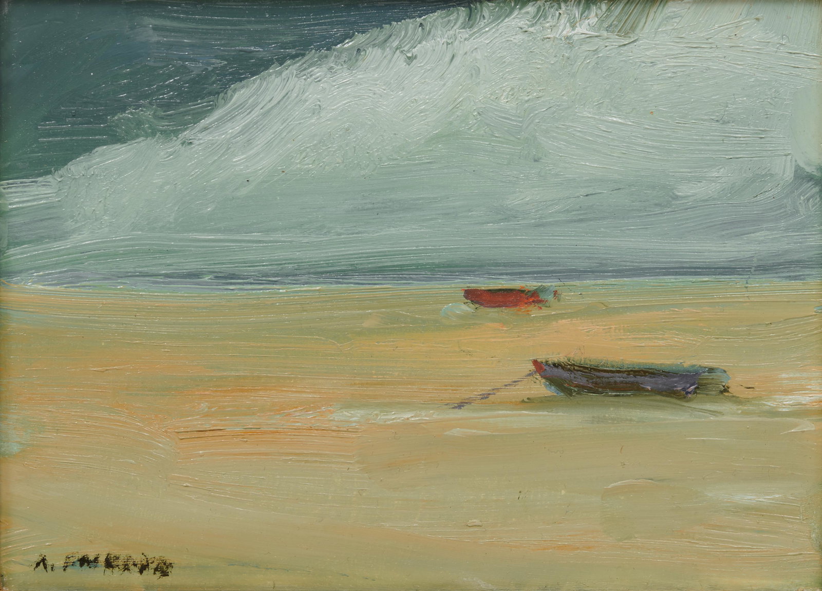 ANNE PACKARD, American b. 1933, Untitled (Two Dories): ANNE PACKARD (American, b. 1933)Untitled (Two Dories)oil on canvassigned A. Packard lower left6 x 8 in., frame: 8 3/4 x 10 3/4 in. Provenance: A Cape Cod, Massachusetts Collection.