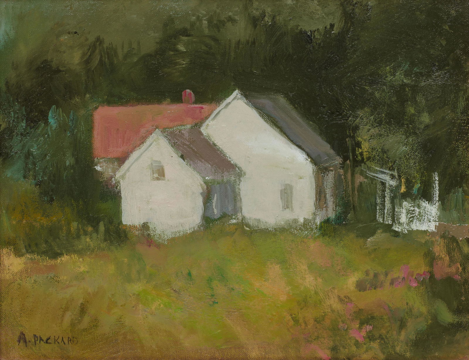 ANNE PACKARD, American b. 1933, Untitled (Farmhouse): ANNE PACKARD (American, b. 1933)Untitled (Farmhouse)oil on canvassigned A. Packard lower left11 x 14 in., frame: 16 1/4 x 19 1/4 in. Provenance: The Estate of a Massachusetts Gentleman.