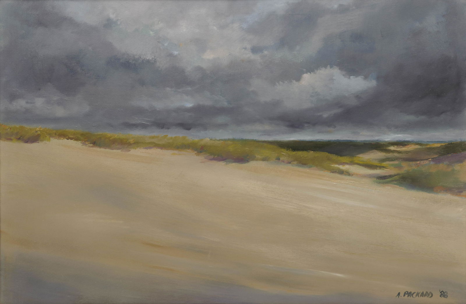 ANNE PACKARD, (American, b. 1933), Dune at Truro, 1988: ANNE PACKARD (American, b. 1933)Dune at Truro1988, oil on canvassigned and dated A. Packard '88 lower right24 x 36 in., frame: 31 x 43 in. Provenance: The Collection of a Cape Cod Couple