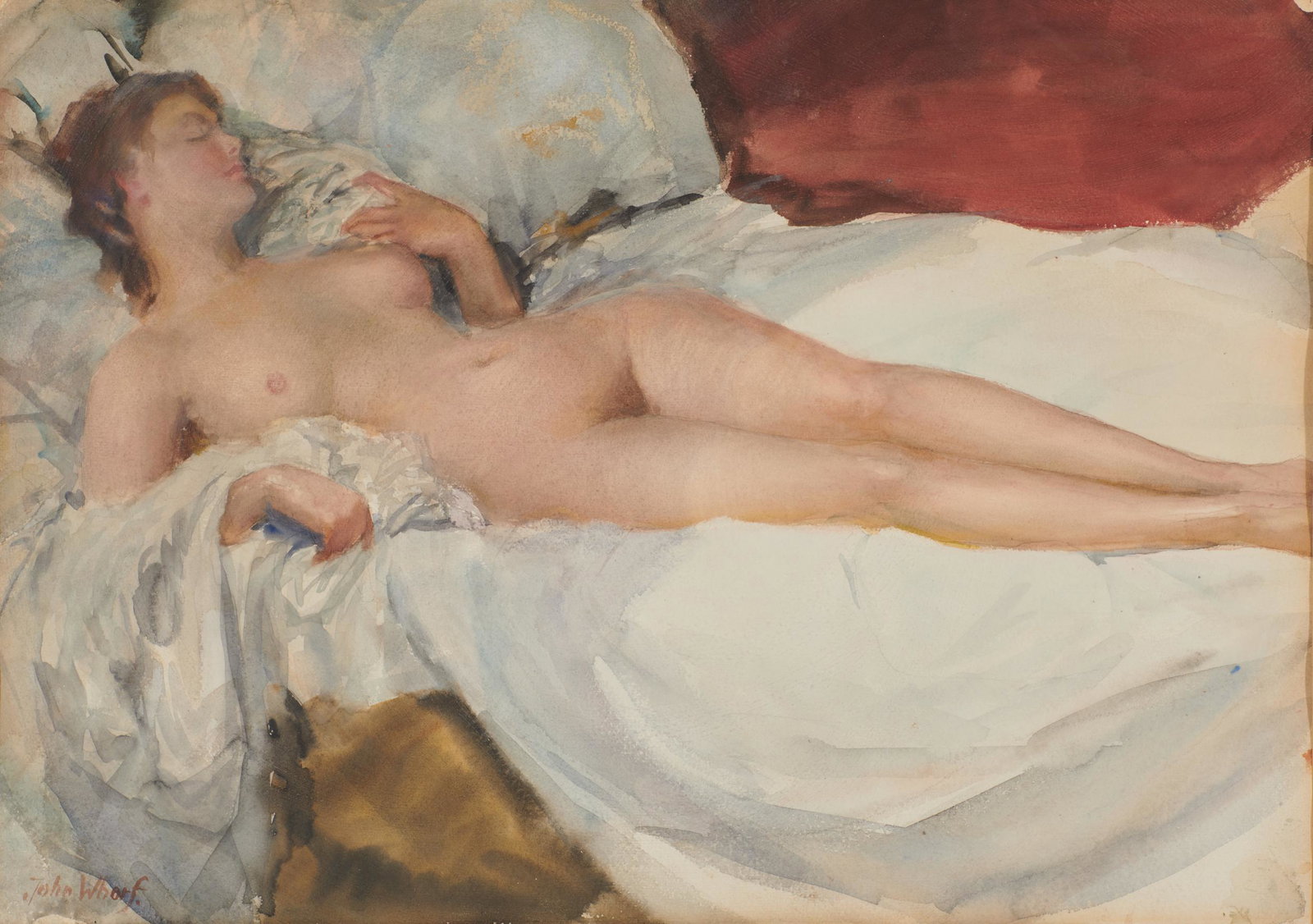 JOHN WHORF, (American, 1903-1959), Reclining Nude: JOHN WHORF (American, 1903-1959) Reclining Nude watercolor on paper signed John Whorf lower left sheet: 158 3/ x 22 in., frame: 24 3/4 x 29 3/4 in. Provenance: From the artist to his friend,