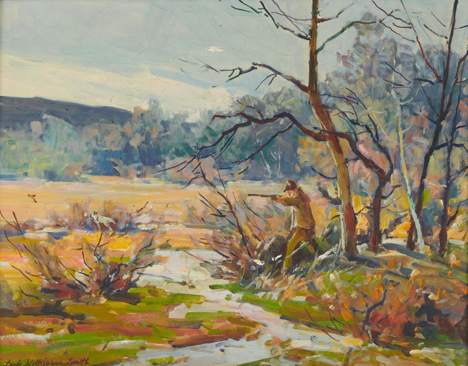 JACK WILKINSON SMITH, (American, 1873-1949), Fall: JACK WILKINSON SMITH (American, 1873-1949)Fall Hunting Sceneoil on boardsigned Jack Wilkinson Smith lower left12 x 15 in., frame: 17 x 20 in. Provenance: Property of a New Hampshire Col