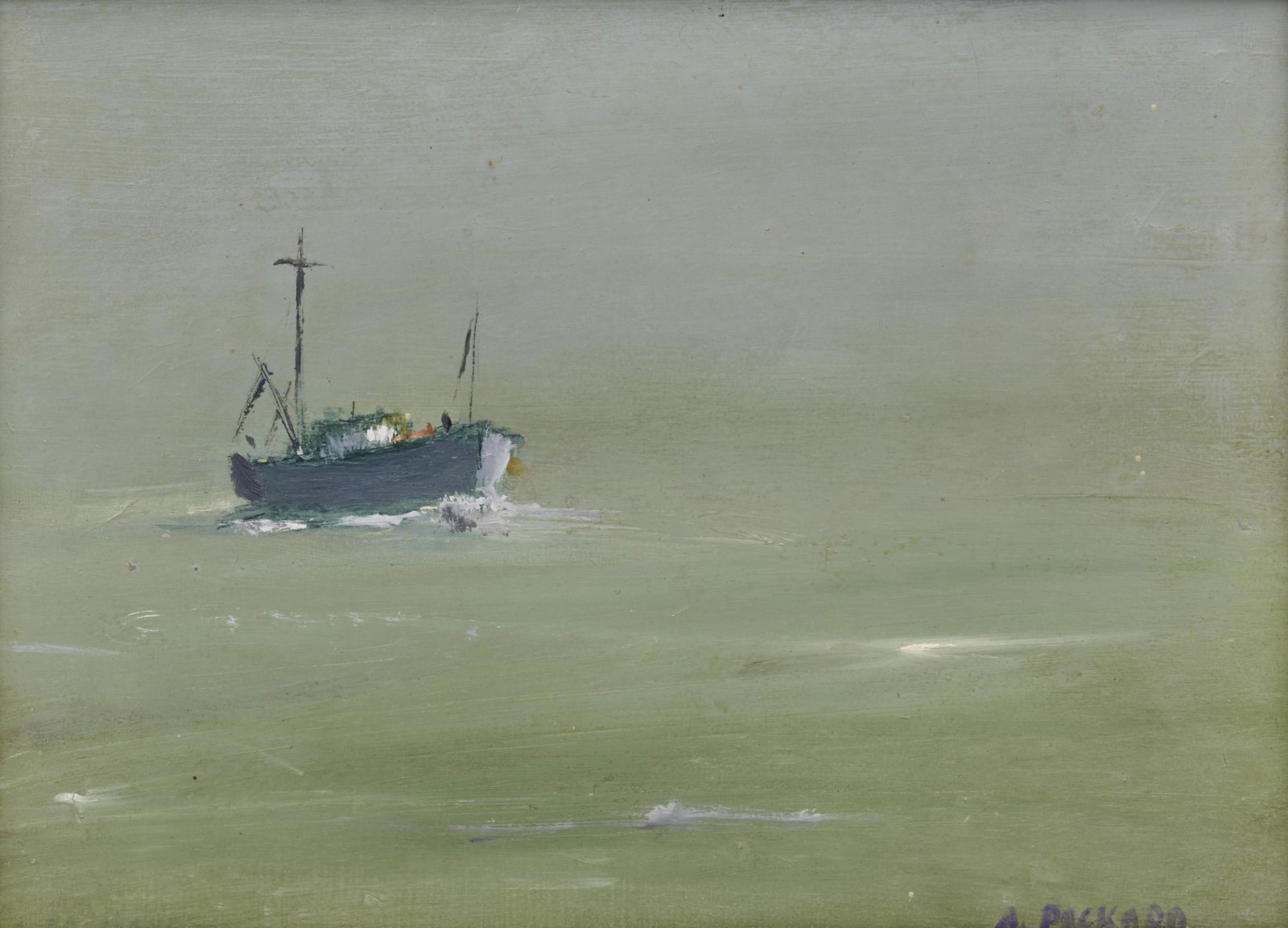 ANNE PACKARD, (American, b. 1933), Fishing Boat, oil on: ANNE PACKARD (American, b. 1933)Fishing Boatoil on canvassigned A. Packard lower right5 1/2 x 7 1/2 in., frame: 9 1/2 x 11 1/2 in.