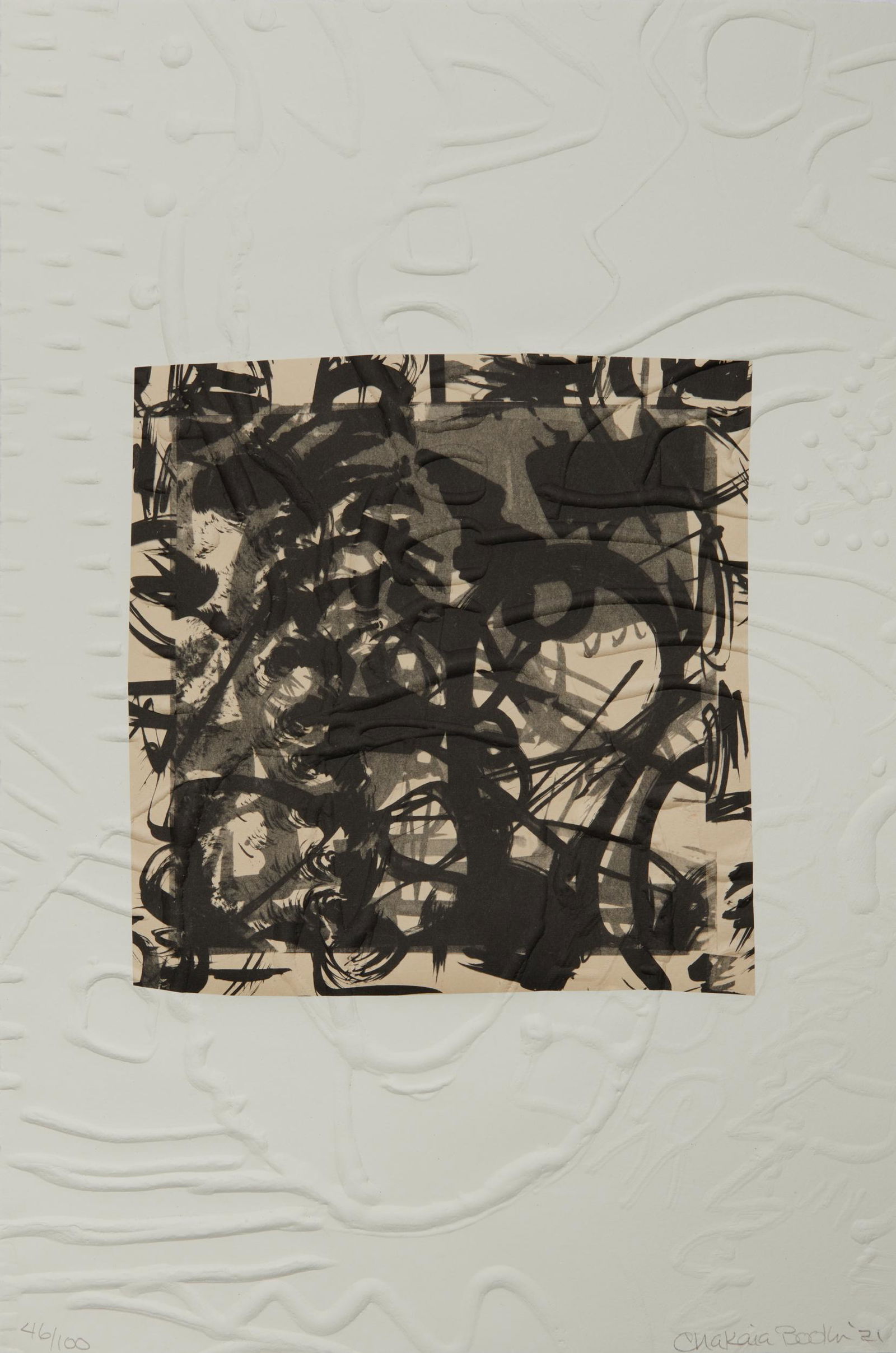 CHAKAIA BOOKER, (American, b. 1953), Untitled: CHAKAIA BOOKER (American, b. 1953)Untitled (CB.1.21)2021, lithograph and chine colle on embossed papernumbered 46/100 lower leftsigned and dated Chakaia Booker '21 lower rightshee