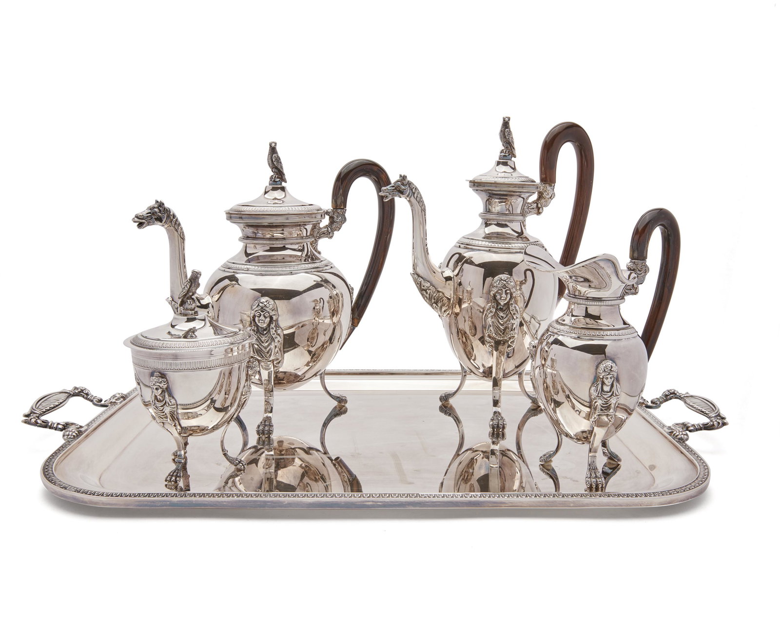 PAMPALONI Neoclassical Silver Four Piece Coffee and Tea: PAMPALONI Neoclassical Silver Four Piece Coffee and Tea Service, on Tray comprising: coffee pot, tea pot, creamer, and sugar; stamped Pampalon on underside; 207 ozt.; height of coffee pot: 14 in., len