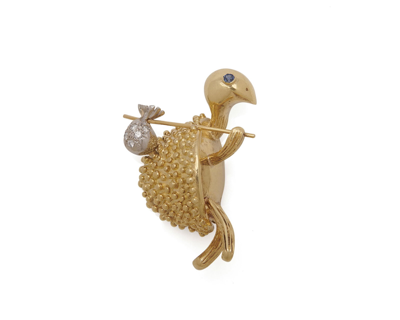 18K Gold and Diamond Brooch: 18K Gold and Diamond Brooch in the form of a turtle with a pave-set diamond knapsack over its shoulder; completed by a circle-cut sapphire eye; diamonds weighing approx. 0.25 tcw.; 15.70 dwts.; 2 x 1 