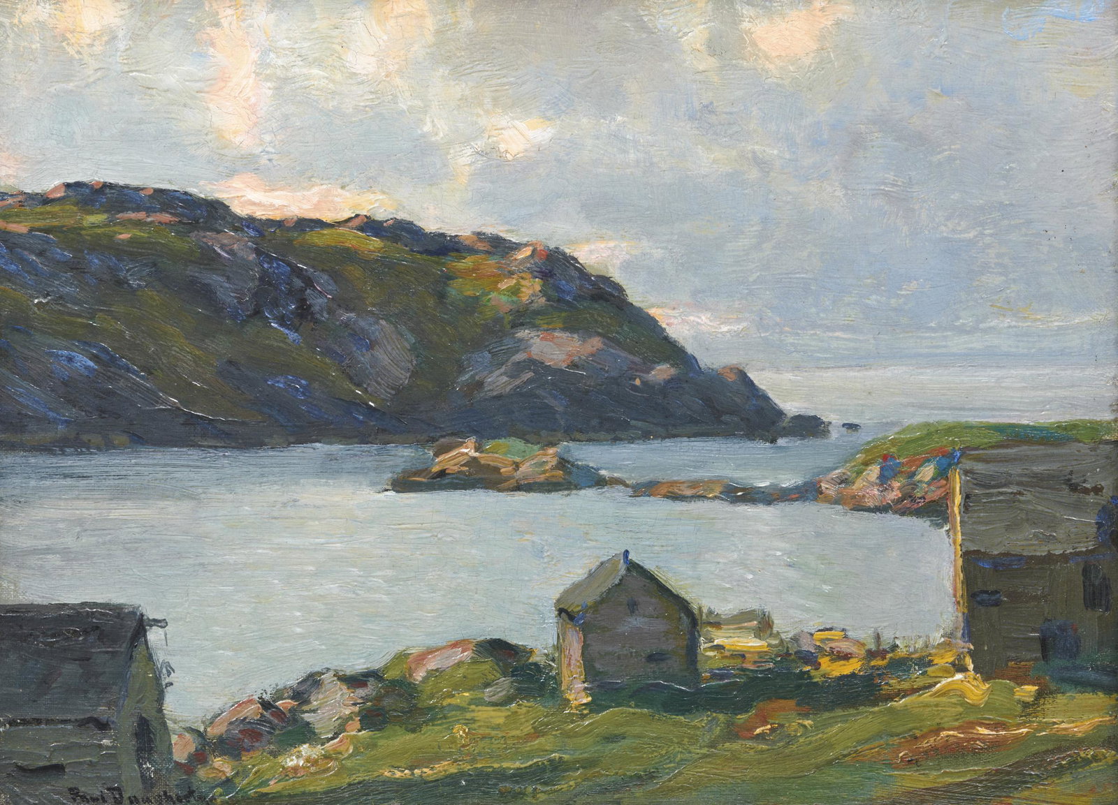 PAUL DOUGHERTY, (American, 1877-1947), The Harbor, Monhegan: PAUL DOUGHERTY (American, 1877-1947)The Harbor, Monheganoil on boardsigned Paul Dougherty lower left12 x 16 in., frame: 17 3/4 x 21 3/4 in. Provenance: The Estate of a Gloucester, Massac