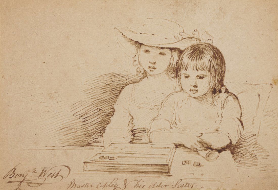 BENJAMIN WEST, (American, 1738-1820), Master Copley and His Elder Sister, ca. 1777: BENJAMIN WEST (American, 1738-1820)Master Copley and His Elder Sisterca. 1777, ink on papersigned Benj.n West lower left; titled lower centersight: 4 5/8 x 7 3/4 in., frame: 7 5/8 x 10 1/8 in