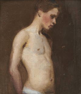 FRANK DUVENECK, (American, 1848-1919), Study of a Male Model: FRANK DUVENECK (American, 1848-1919)Study of a Male Modeloil on board11 1/4 x 9 3/4 in., frame: 14 3/8 x 12 7/8 in. Provenance: Purportedly, the collection of Arthur Fitzwilliam Tait; a gift to the m