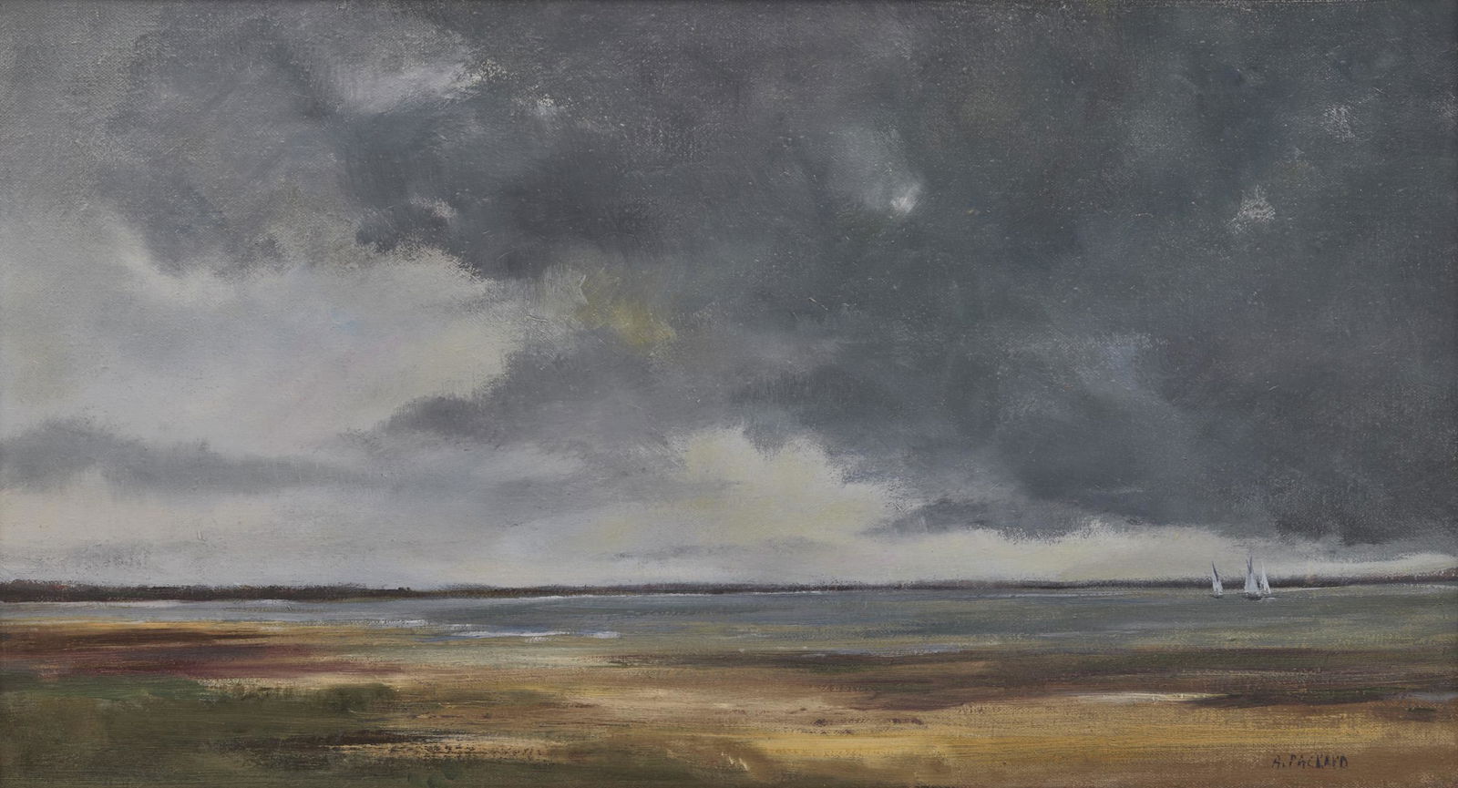 ANNE PACKARD, (American, b.1933), Storm Brewing: ANNE PACKARD (American, b.1933)Storm Brewingoil on canvassigned A. Packard lower right11 x 20 in., frame: 18 7/8 x 27 3/4 in. Other Notes: Blue Heron Gallery (Wellfleet, MA) label verso.