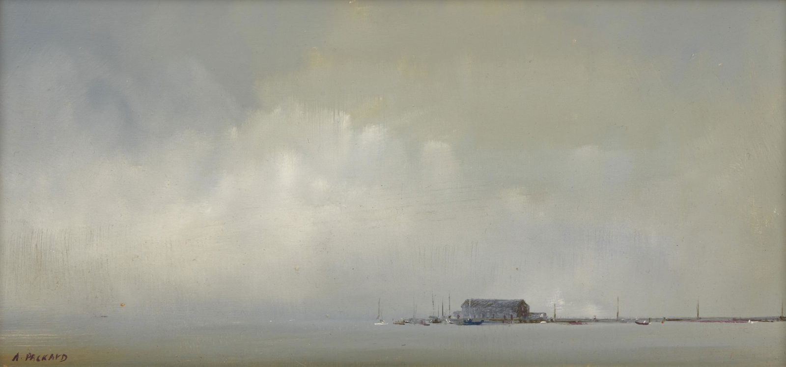 ANNE PACKARD, (American, b. 1933), MacMillan Wharf: ANNE PACKARD (American, b. 1933)MacMillan Wharfoil on canvassigned A. Packard lower left5 x 10 in., frame: 7 1/2 x 12 1/4 in. Other Notes: Blue Heron Gallery (Wellfleet, MA) label verso.