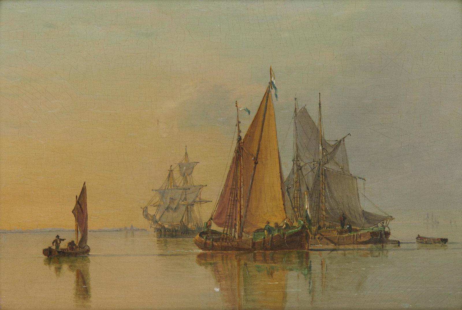 JOHN WARD OF HULL, (English, 1789-1849), Shipping in a Calm: JOHN WARD OF HULL (English, 1789-1849)Shipping in a Calmoil on panel4 1/2 x 6 3/4 in., frame: 7 3/4 x 9 3/4 in. Provenance: The Estate of a Massachusetts Lady.Other Notes: N. R. Omell, Lo