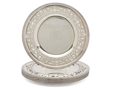 Eight Robert Linzeler Silver Plates, ca. 1910: Eight Robert Linzeler Silver Plates, ca. 1910Paris; monogrammed; diameter: 11 3/8 in.; 169 ozt.Provenance: Crane Washburn families, Dalton, MA and NY