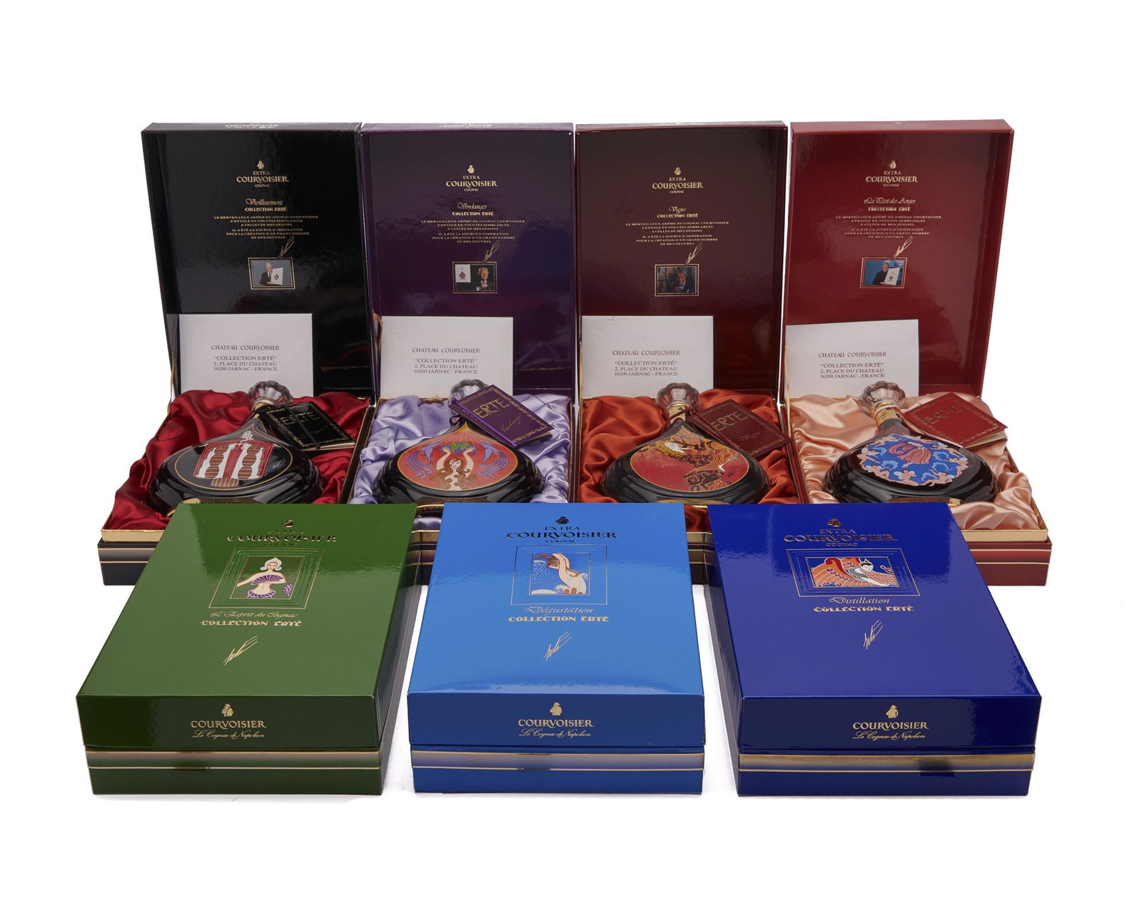 The Erte Courvoisier Collection, nos. 1-7: The Erte Courvoisier Collection, nos. 1-7in original presentation cartons with bottles sealed; comprising:1. Vigne, numbered A2132. Vendanges, numbered C27703. Distillation, numbered A2394. Vieillisse
