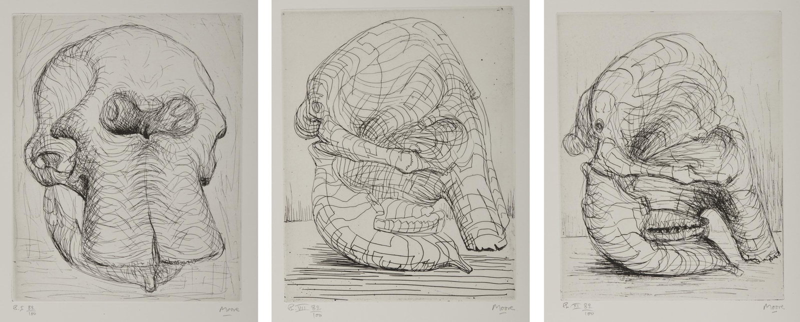 HENRY SPENCER MOORE, (British, 1898-1986), Three Plates from The Elephant Skull Album, 1970 (1 of 16)