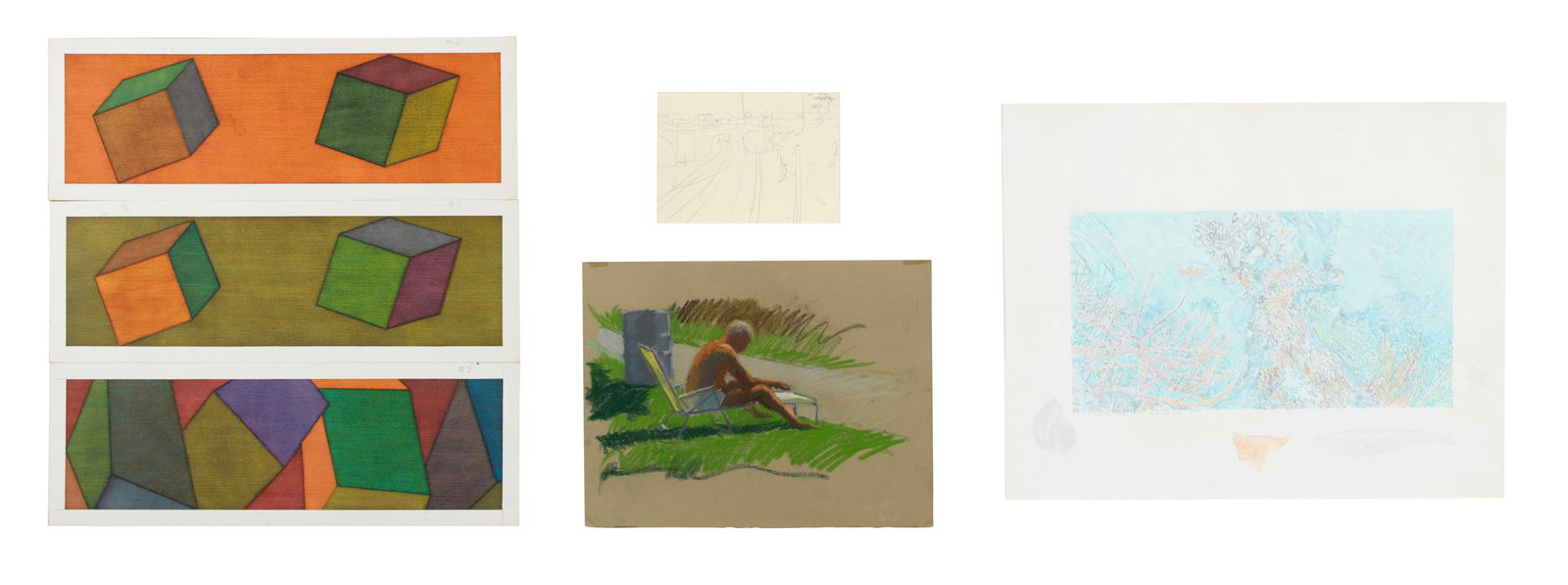 Collection of Four 20th Century Works: Collection of Four 20th Century WorksANN MCCOYAmerican, b. 1946Whale Drawing for Portia1976, colored pencil on papersigned and dated Ann McCoy 76 and titled and inscribed Whale drawing for Portia<