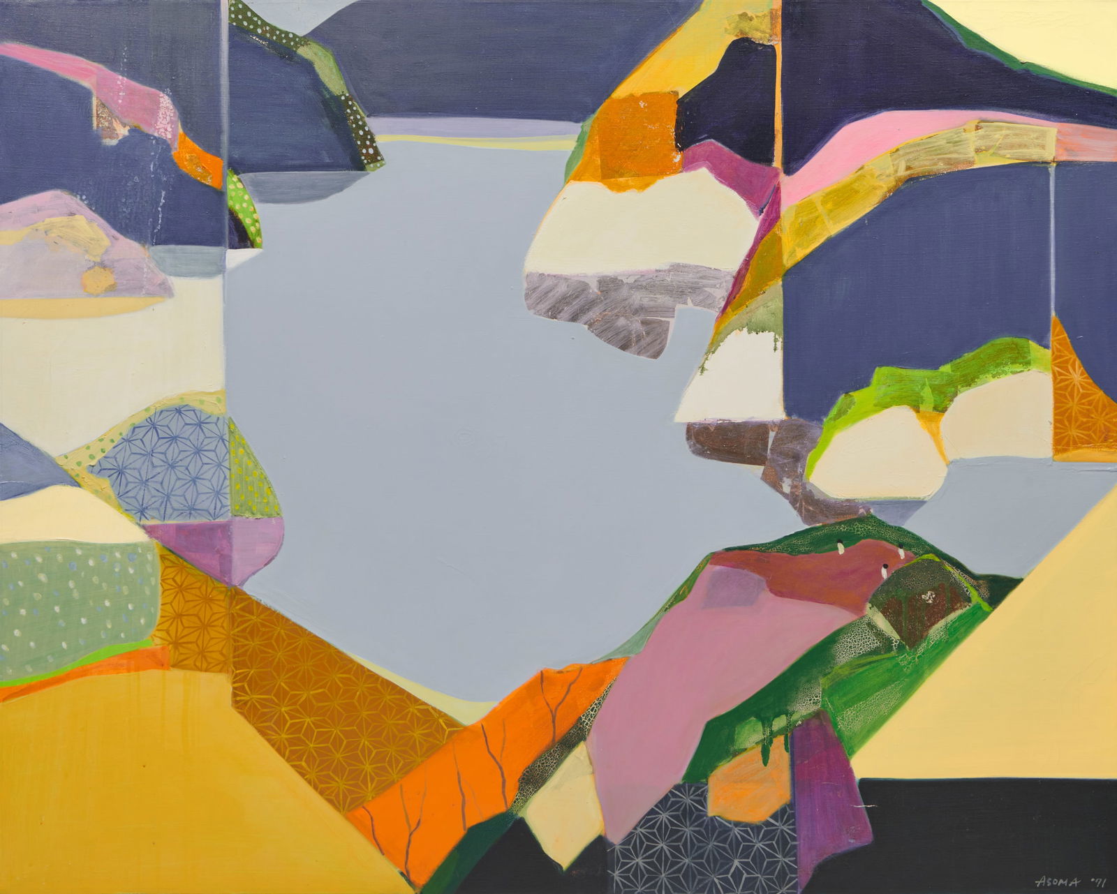 TADASHI ASOMA, (Japanese, 1923-2017), Lake of Hakone, 1971: TADASHI ASOMA (Japanese, 1923-2017)Lake of Hakone1971, oil on canvassigned and dated Asoma '71 lower right40 x 50 in., frame: 41 1/2 x 51 1/2 in. Provenance: The Collection of a Connecti