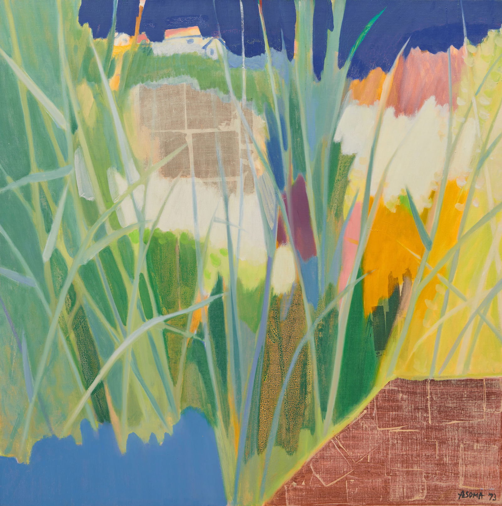 TADASHI ASOMA, (Japanese, 1923-2017), The House on the Hill, 1973: TADASHI ASOMA (Japanese, 1923-2017)The House on the Hill1973, oil on canvassigned and dated Asoma '73 lower right41 x 41 in., frame: 44 x 44 in. Provenance: The Collection of a Connectic