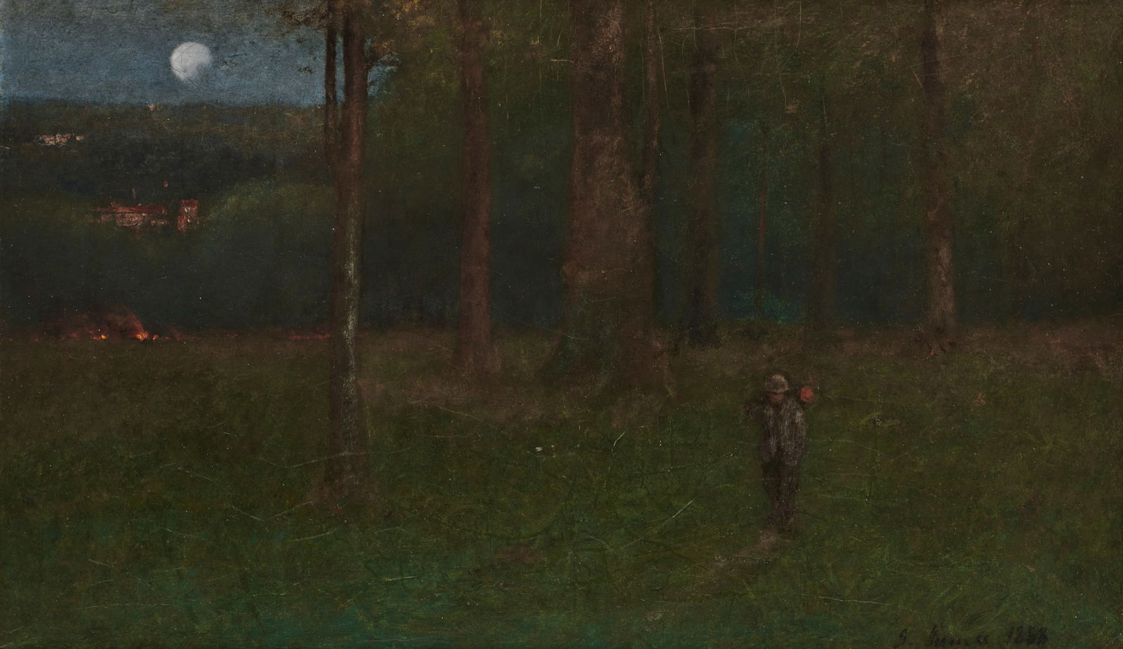 GEORGE INNESS, (American, 1825-1894), Dawn, 1888: GEORGE INNESS (American, 1825-1894)Dawn1888, oil on canvassigned and dated G. Inness 1888 lower right21 3/4 x 36 in., frame: 29 1/2 x 43 1/2 in. Provenance: The Collection of James Willi