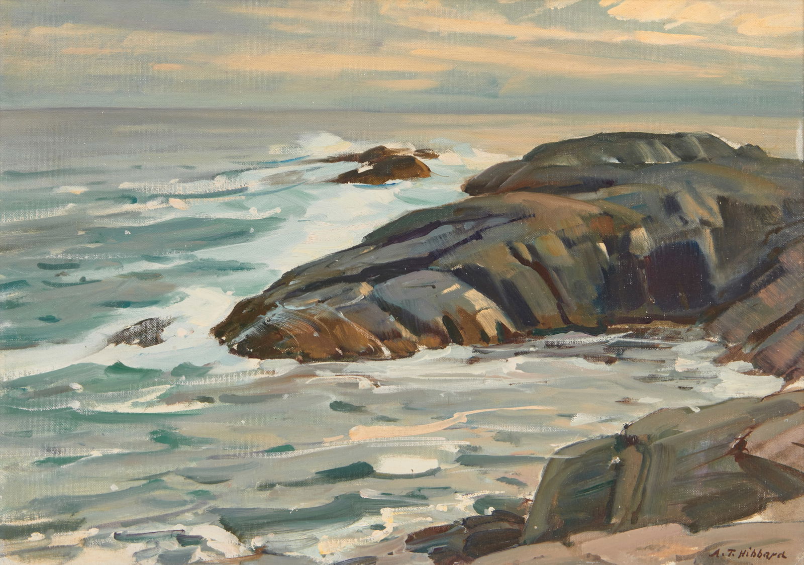 ALDRO THOMPSON HIBBARD, (American, 1886-1972), Coast of Mohegan: ALDRO THOMPSON HIBBARD (American, 1886-1972)Coast of Moheganoil on boardsigned A.T. Hibbard lower right18 x 28 in., frame: 23 1/2 x 30 1/4 in. Provenance: Collection of a Wellesley, Ma