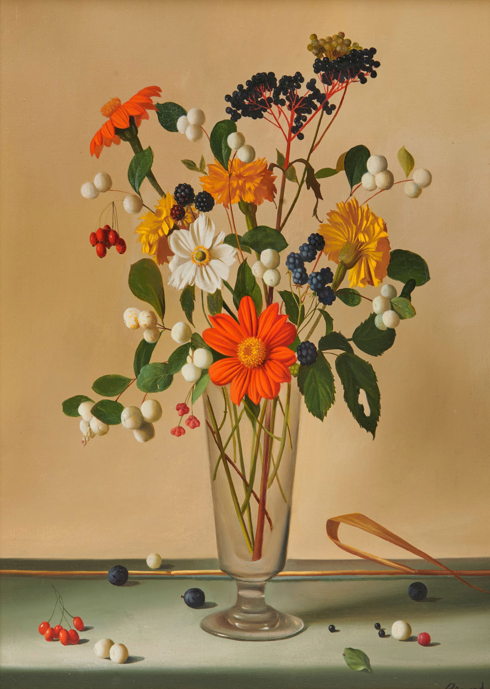 FERNAND RENARD, (French, 1912-1990), Still Life with Flowers in a Glass Vase: FERNAND RENARD (French, 1912-1990)Still Life with Flowers in a Glass Vaseoil on canvassigned Renard lower right18 1/2 x 13 in., frame: 21 1/2 x 16 1/3 in. Provenance: Private Massachus