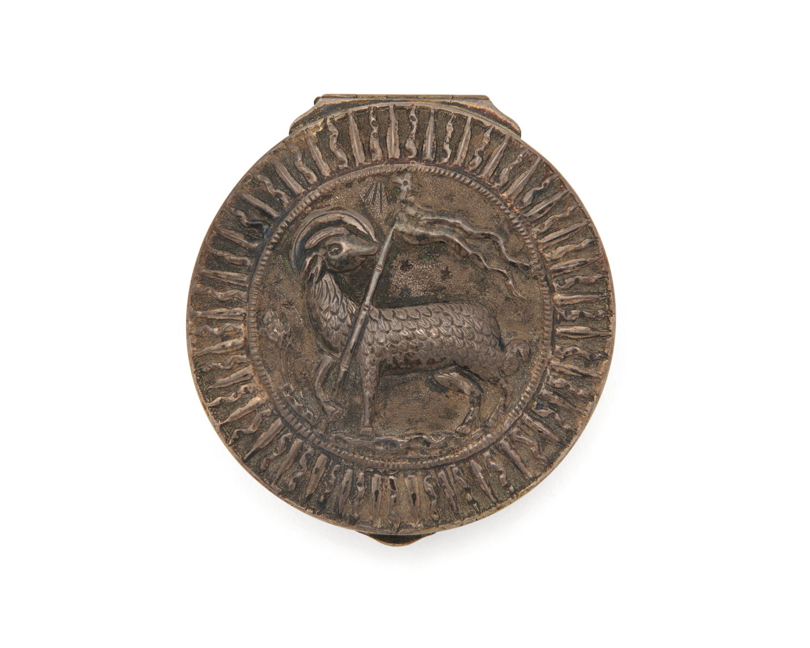 Armenian Silver Pill Box: Armenian Silver Pill Boxwith gold wash interior and cyrillic engraved rim dated 1886; diameter: 2 1/2 in.; 1.92 ozt.Provenance: The Estate of Vartan Ghugasian.