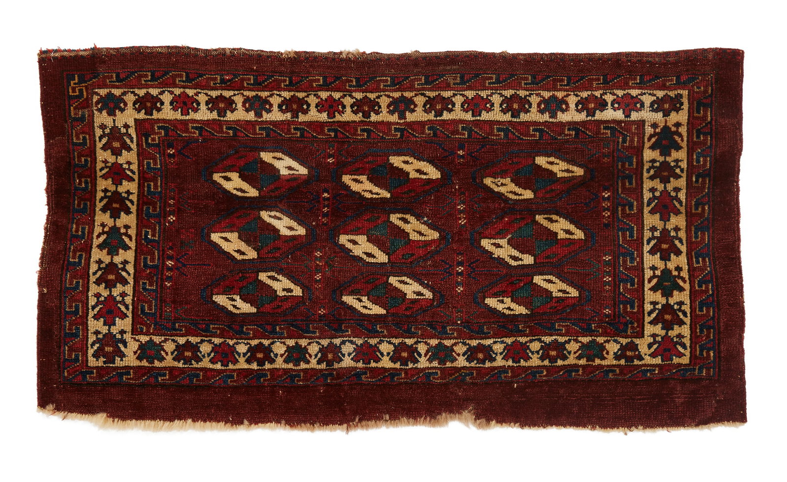 Yomud Mafrash, Central Asia, late 19th century: Yomud Mafrash, Central Asia, late 19th century2 ft. 8 in. x 1 ft. 5 in.Provenance: Collection of Wells Klein, purchased from Tom Cole, March 2001.Other Notes: The border of this mafrash is identical t