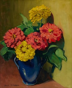JANE PETERSON, (American, 1876-1965), Zinnias in a Blue Vase