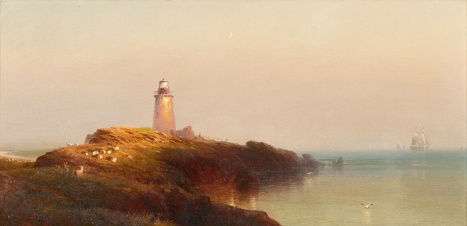 EDWARD MORAN, (American, 1829-1901), Evening, Cape Ann: EDWARD MORAN(American, 1829-1901)Evening, Cape Annoil on canvassigned Edward Moran lower left18 x 36 in., frame: 21 1/4 x 39 1/2 in. Provenance: By descent within a Massachusetts Family.