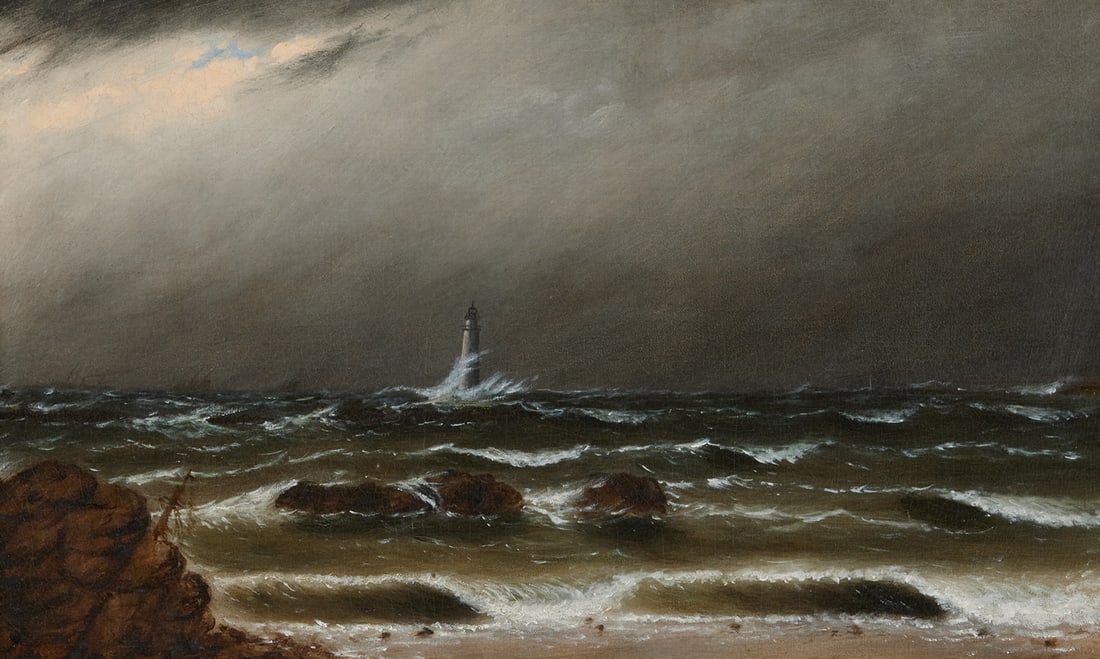 CLEMENT DREW, (American, 1806-1889), View of Minot's Light from the Shore, 1887: CLEMENT DREW(American, 1806-1889)View of Minot's Light from the Shore1887, oil on canvassigned C. Drew lower left; titled and dated verso12 x 20 in., frame: 17 3/4 x 25 3/4 in. Provenanc