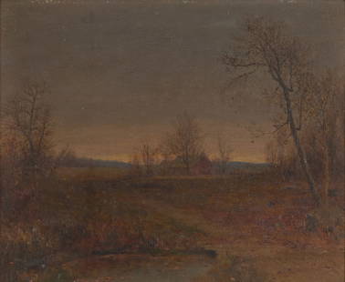 JERVIS McENTEE, (American, 1828-1891), Twilight Homestead: JERVIS McENTEE(American, 1828-1891)Twilight Homesteadoil on board10 x 12 in., frame: 16 1/8 x 18 1/8 in. Provenance: The Collection of a Nantucket, Massachusetts Family; by descent within the family