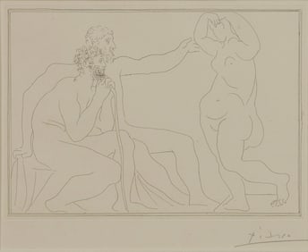 PABLO PICASSO, (Spanish, 1881-1973), Deux sculpteurs devant une statue