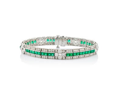 SOPHIA D. Platinum, Emerald, and Diamond Bracelet: SOPHIA D. Platinum, Emerald, and Diamond Braceletfeaturing alternating groupings of square-cut emeralds and bezel-set diamond florets framed by two rows of bead-set full-cut diamonds; emeralds weighin