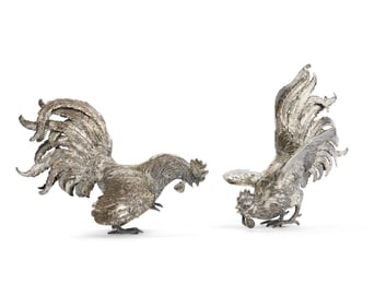 Pair of Continental .800 Silver Table Roosters