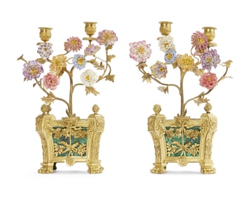 Pair of Continental Malachite, Porcelain, and Gilt Bronze Two-Light Jardinières