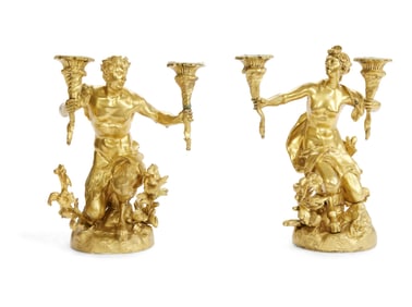 Pair of French Gilt Bronze Figural Two-Light Candelabra