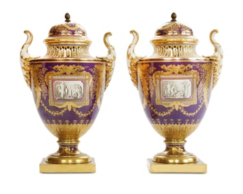 Pair of Austrian Porcelain Covered Two-Handled Urns