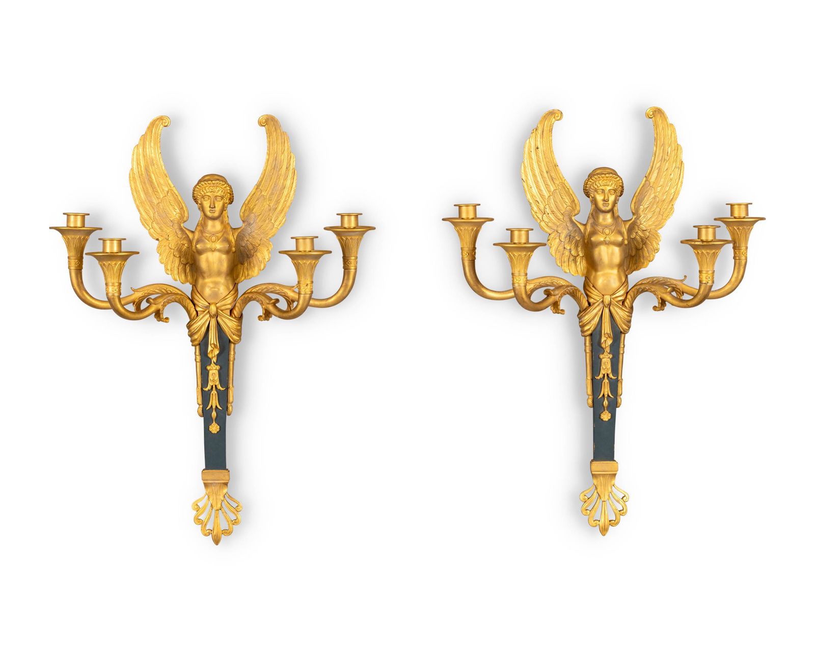 Pair of Fine Louis XVI Style Gilt and Polychromed Bronze Four Light Wall Sconces (1 of 2)