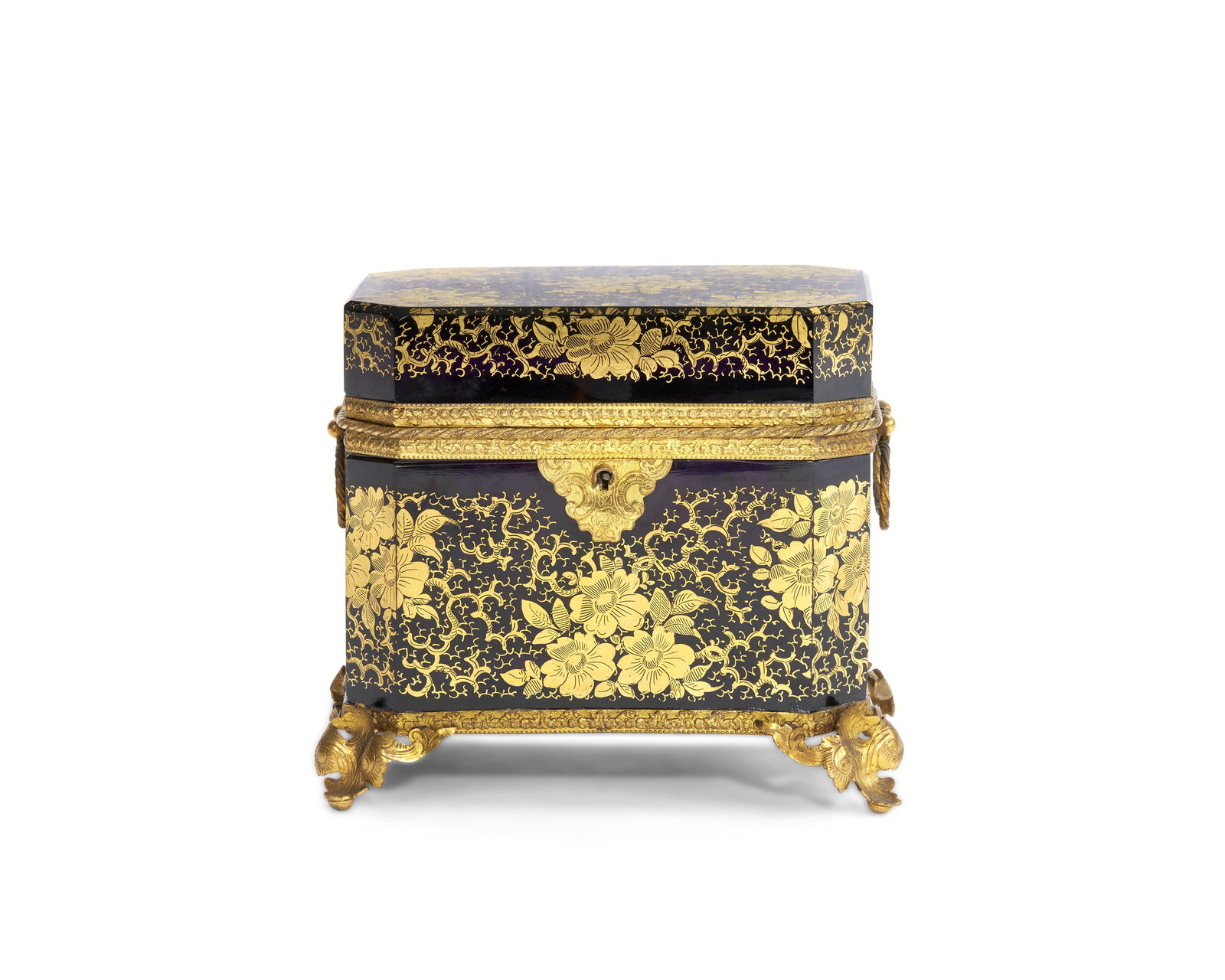French Amethyst Glass, Gilt Decorated, and Gilt Metal Mounted Dresser Box (1 of 3)