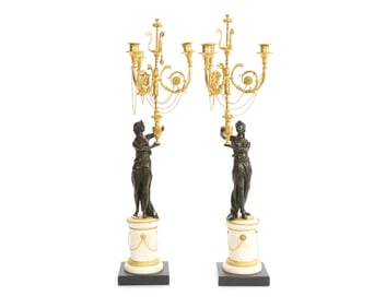 Pair of French Gilt and Patinated Bronze Figural Three-Light Candelabra