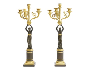 Pair of French Gilt and Patinated Bronze Figural Four-Light Candelabra
